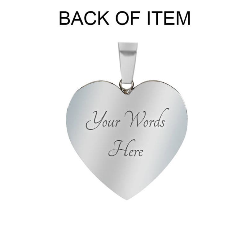 May include: Silver heart-shaped pendant with a blank space for engraving. The text "Your Words Here" is engraved on the back of the pendant.