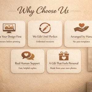 Puede incluir: Una exhibici&oacute;n en la pared con el texto "Why Choose Us" encima de cinco tarjetas rectangulares. Cada tarjeta tiene un t&iacute;tulo y una breve descripci&oacute;n, incluyendo "See Your Design First" y "A Gift That Feels Personal."