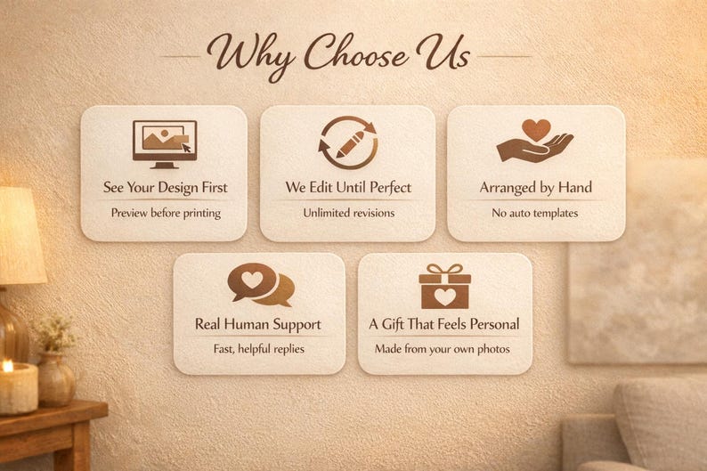 Puede incluir: Una exhibici&oacute;n en la pared con el texto "Why Choose Us" encima de cinco tarjetas rectangulares. Cada tarjeta tiene un t&iacute;tulo y una breve descripci&oacute;n, incluyendo "See Your Design First" y "A Gift That Feels Personal."