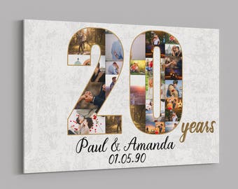 Collage fotográfico en lienzo para el 20.º aniversario - Regalo de boda personalizado para parejas