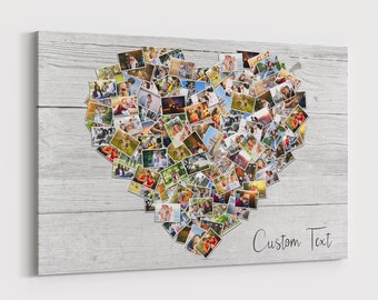 100 Pictures Family Photo Heart Collage Personalized Large Collage Wood Effect Heart Collage Canvas Photo Your Picture To Canvas Gift