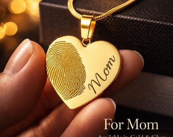 Collar con colgante de corazón y huella dactilar personalizado: escritura grabada a mano, oro o plata.
