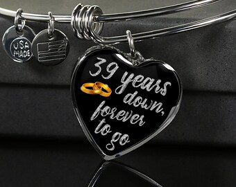 39th Anniversary Bangle Bracelet: Engraved Heart Pendant, Gold Finish