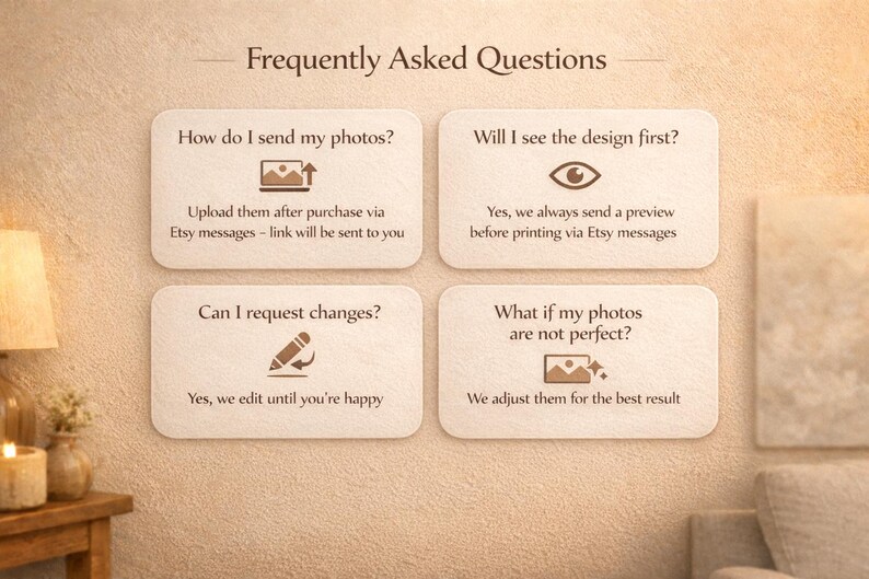 Puede incluir: Una pared beige con cuatro tarjetas rectangulares que muestran preguntas frecuentes. Las preguntas incluyen c&oacute;mo enviar fotos, vistas previas del dise&ntilde;o, solicitar cambios y la calidad de las fotos. Cada tarjeta tiene un icono y una respuesta correspondientes.