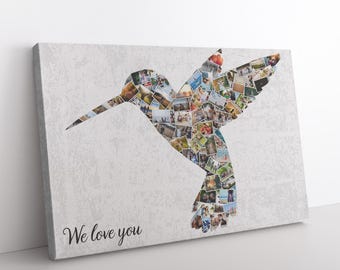 Lienzo con collage de fotos de colibríes, arte de pared personalizado, regalo familiar