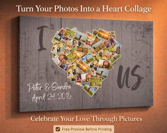 Personalized Photo Collage Canvas Heart Wall Art for Anniversary Customizable Portrait