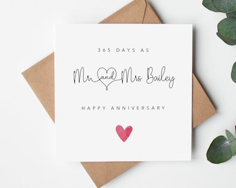 First Anniversary card  - 365 days as Mr & Mrs Happy Anniversary - Paper Anniversary -  simple -kraft envelope