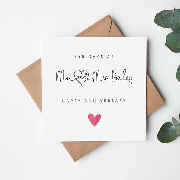 First Anniversary card  - 365 days as Mr & Mrs Happy Anniversary - Paper Anniversary -  simple -kraft envelope