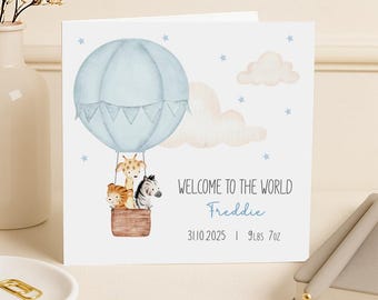 Personalised New Baby Boy Card - Welcome to the World - Blue Hot Air Balloon with Animals
