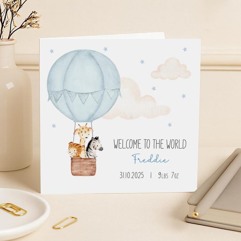 Personalised New Baby Boy Card - Welcome to the World - Blue Hot Air ...