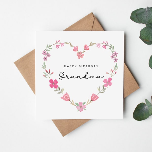 Grandma Birthday Card - Happy Birthday to a special Grandma - Gran Grandma Granny Great Grandma - Pink Heart Design  - Kraft Envelope