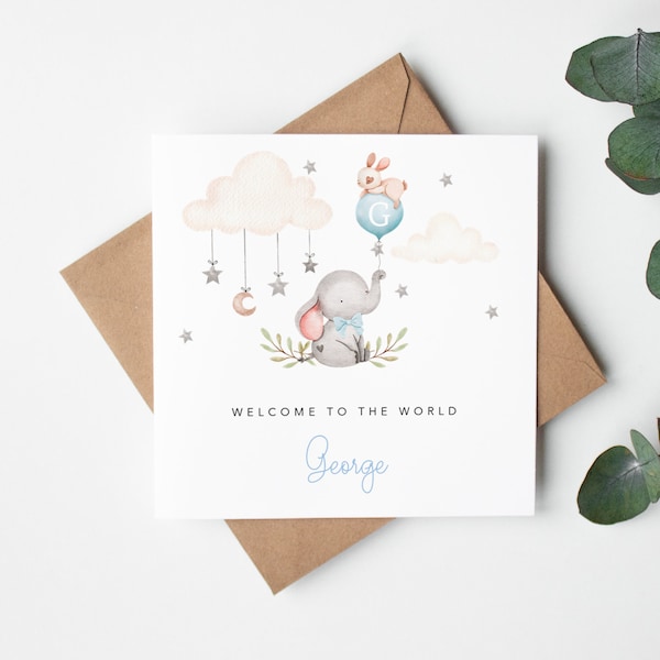 Personalised New Baby Boy Card - Grandson, Nephew, Godson, Little Boy -  Blue New Baby Card  - Welcome to the World