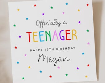 Carte personnalisée pour 13e anniversaire - Officiellement un adolescent ! - Couleur arc-en-ciel - Fille Petite-fille Nièce Fils Petit-fils Neveu - Treize