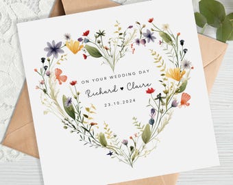 Personalised Floral Wedding Card - Wedding Gift - Wild Flowers Heart Wreath - on your wedding day - Mr and Mrs, Mr and Mr, Mrs and Mrs