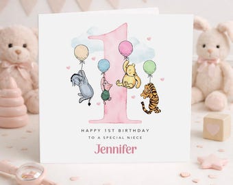 Personalised 1st Birthday Card | Animals with Balloons - Pink
