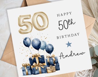 Personalised 50th Birthday Card for Him - Blue 50th birthday card for brother, nephew, friend, uncle, dad, grandad - 50th Birthday Gift