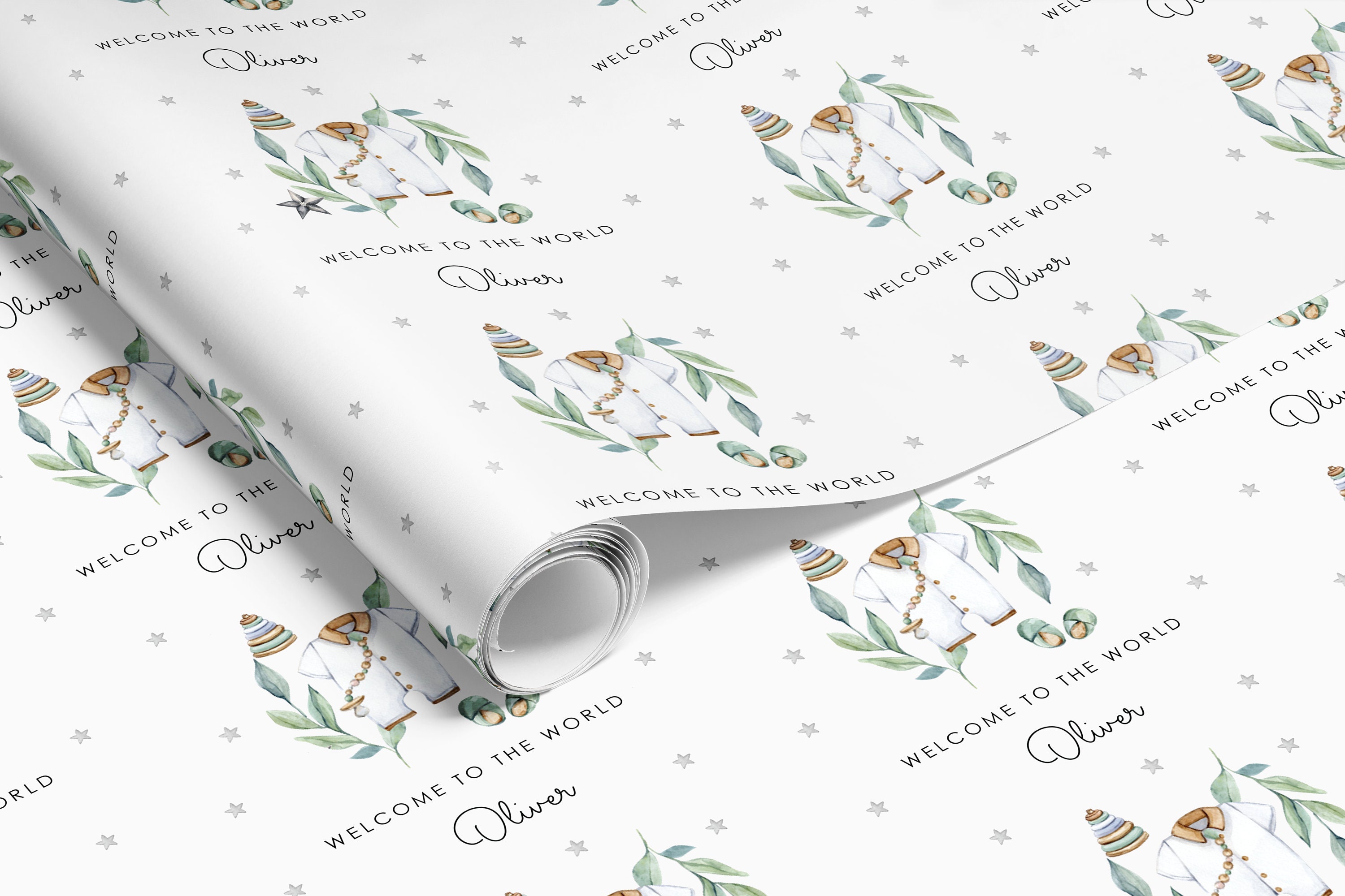 Personalised New Baby Boy Wrapping Paper/gift Wrap Welcome to the World  Sheets or Rolls Neutral, Nephew Friend Grandson Green 