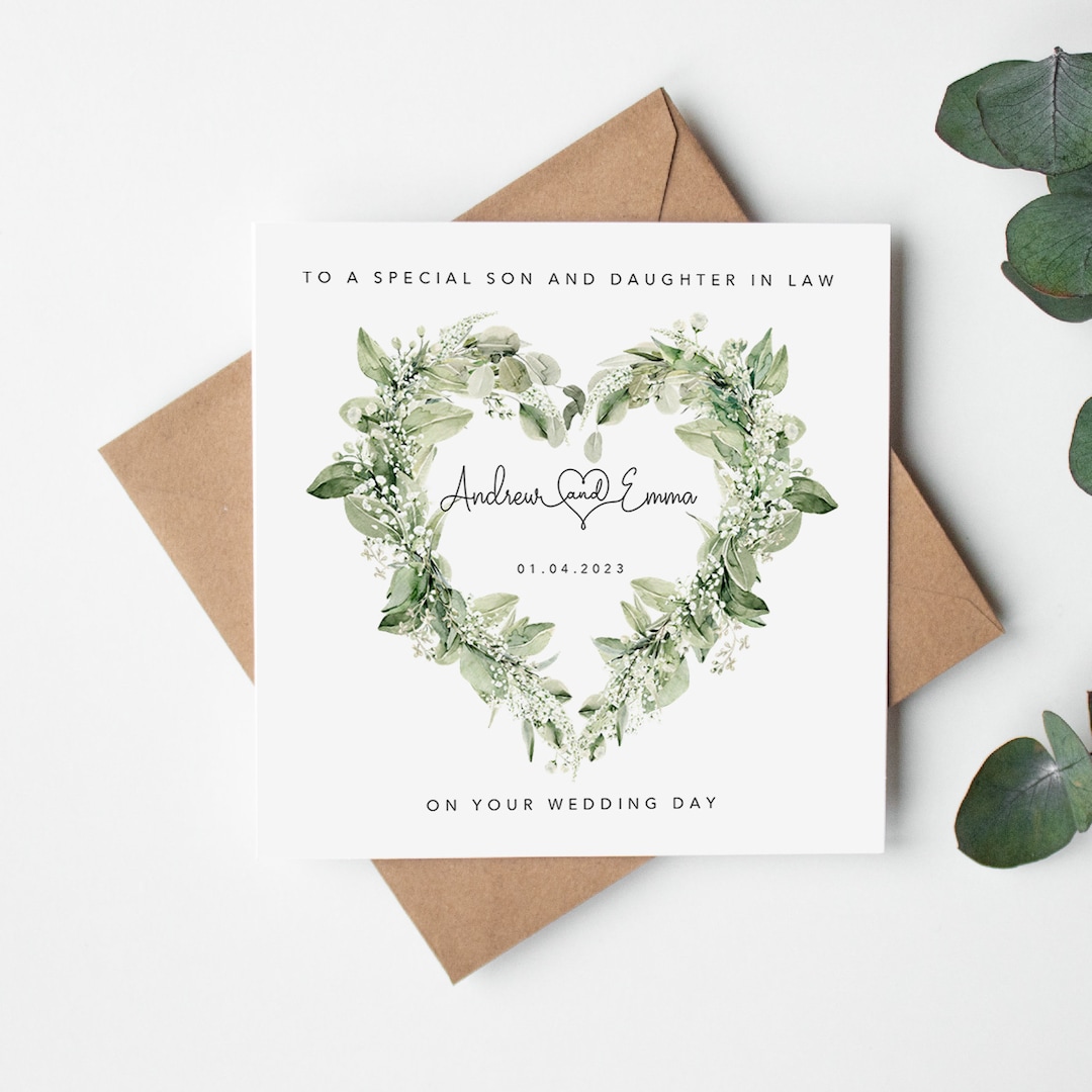 Personalised Son and Daughter in Law Wedding Card Greenery Botanical ...