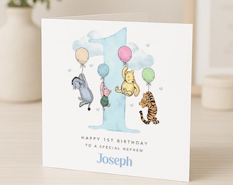 Personalised 1st Birthday Card | Animals with Balloons - Blue