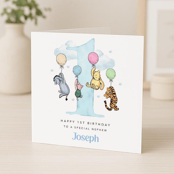 Personalised 1st Birthday Card | Animals with Balloons - Blue