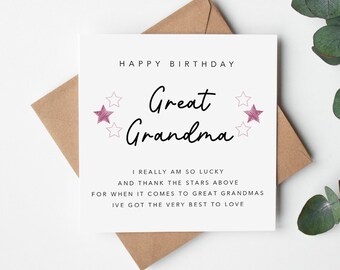 Great Grandma Birthday Card - I am so lucky and thank the stars above when it comes to grandmas I have the very best to love -kraft envelope