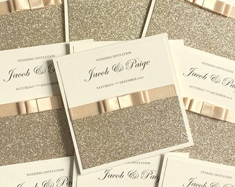 Champagne Glitter Wedding Invitation SAMPLE, Pocketfold, Wedding Invitation Card, Pocket Wedding Invitation, Handmade SAMPLE