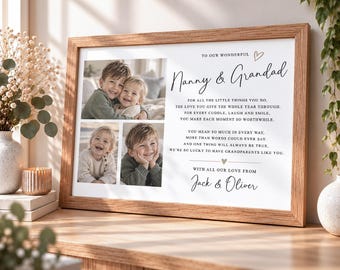 May include: A rectangular wooden frame containing a personalized print with three photographs of two children. The text reads: To our wonderful Nanny & Grandad, followed by a poem and the closing: With all our love from Jack & Oliver.
