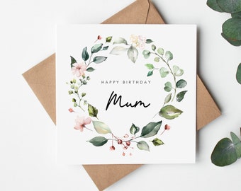 Mum Birthday Card - Happy Birthday Mum - Nanna Grandma Auntie Sister Niece Granddaughter- Pink Floral Design  - Simple - Kraft Envelope
