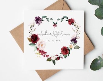 Personalised Floral Wedding Card - Burgundy Blush Heart Wreath - Anniversary Card - Engagement Card - Botanical - Leaves - Envelope Inc