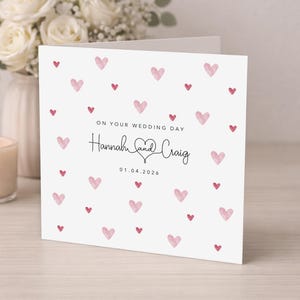 Tarjeta de boda personalizada - Lluvia de corazones - Boda Matrimonio Sr. y Sra., En el día de su boda - Corazones rosas - Sr. y Sr., Sra. y Sra., Sr. y Sra.