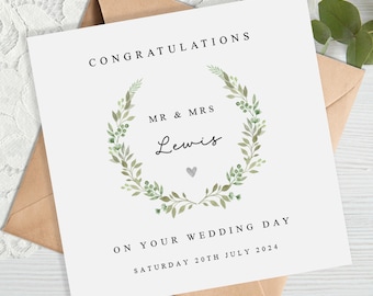 Personalised Wedding Card - Wedding Gift - Greenery Wreath - Anniversary Card - Engagement Card - Bride Groom Mr Mrs - Wedding Day