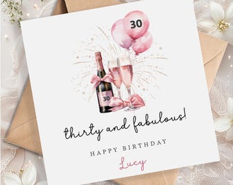 Personalised 30th Birthday Card for Her - pink 30th birthday card for sister, friend, mum, auntie - 30th Birthday Gift - thirty and fabulous