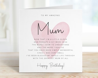 Mum Birthday Card with verse/poem - Happy Birthday Mum -  Pink Floral Design  - Simple - Kraft Envelope Included