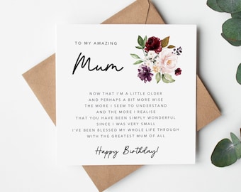 Mum Birthday Card with verse/poem - Happy Birthday Mum -  Pink and Burgundy Floral Design  - Simple - Kraft Envelope Included