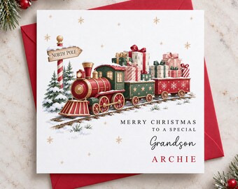 Personalised Christmas Card for Nephew Niece Grandson Granddaughter Daughter Son Goddaughter Godson Little Boy Little Girl - Toy Train
