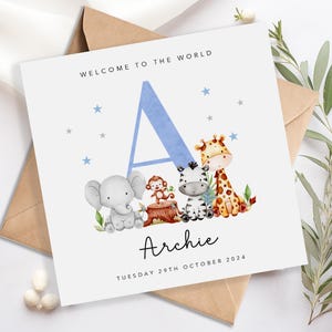 Personalised New Baby Card - Baby Boy - Blue - Welcome to the World - Initial Safari Baby Animals Elephant Giraffe Zebra