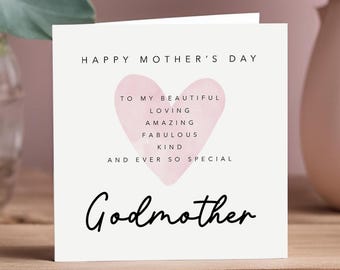 Mothers Day Card for Godmother- Happy Mother's Day - Pink heart - Mum, Nanna, Nan, Gran, Step-Mum, Godmother