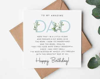 Dad Birthday Card with verse/poem - Happy Birthday Dad -  Botanical Eucalyptus Design  - Simple - Kraft Envelope Included