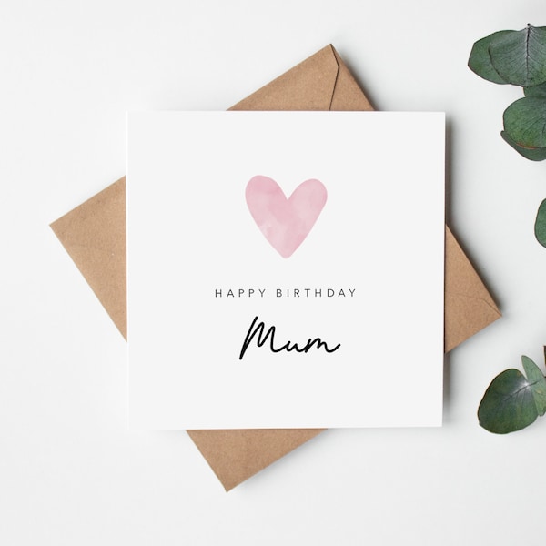 Mum Birthday Card - Happy Birthday Mum - Nanna Grandma Auntie Sister Niece Granddaughter- Pink Heart Design  - Simple - Kraft Envelope