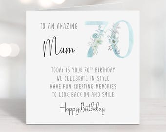 Mum 70th Birthday Card with verse/poem - seventieth birthday - seventy - milestone - blue floral numbers