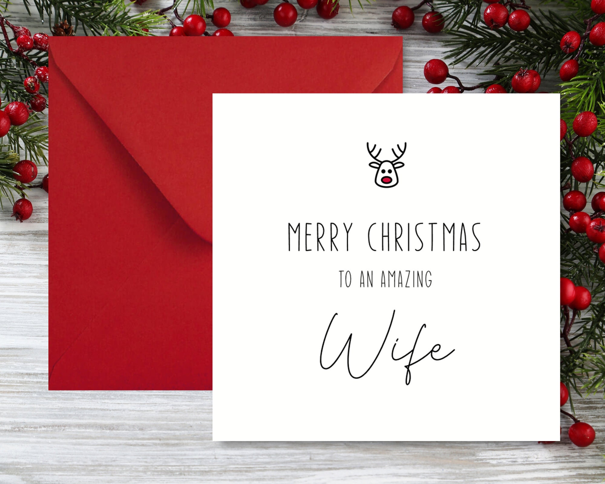 Christmas wife card botanical Wife Christmas Card Simple minimalistic design with reindeer | Etsy