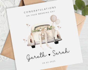 Personalised Wedding Card - Wedding Gift - Just Married, Wedding Car, Newlyweds, Congratulations on your Wedding Day - Vintage Wedding Car