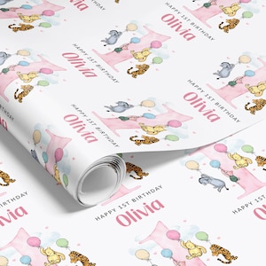 a repeating pattern of a birthday wrapping paper with illustrations of Winnie the Pooh and the number 1, along with the text "Happy 1st Birthday" and the name "Olivia".