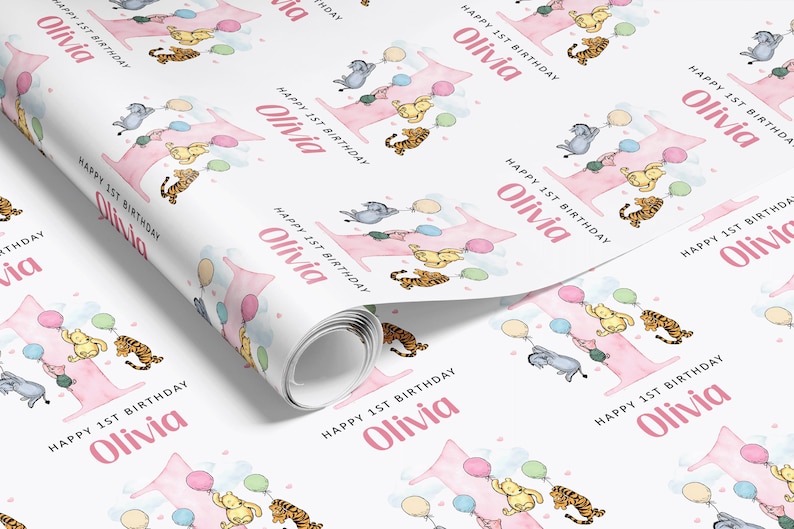 a repeating pattern of a birthday wrapping paper with illustrations of Winnie the Pooh and the number 1, along with the text "Happy 1st Birthday" and the name "Olivia".
