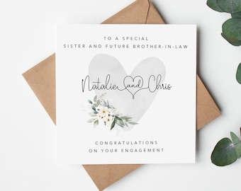 Engagement Card Personalised  - Sister and future Brother in law Congratulations - sister and fiance, husband to be - grey heart flowers