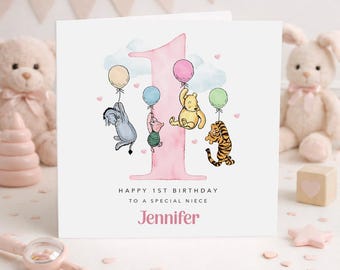 Tarjeta personalizada de primer cumpleaños / Animales con globos - Rosa