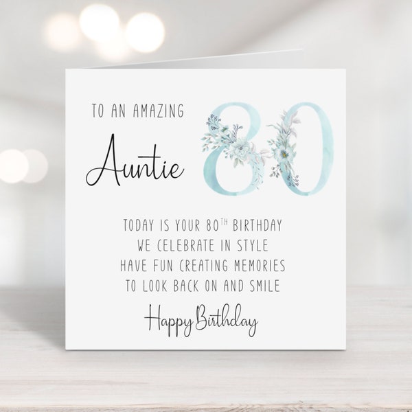 Auntie 80th Birthday Card with verse/poem - eightieth birthday - eighty - milestone - blue floral numbers