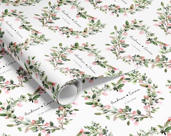 Personalised Wedding Gift Wrapping Paper- Green and Pink Heart Wreath | Gift Wrap | Present Paper | Engagement Anniversary - WRAP0041