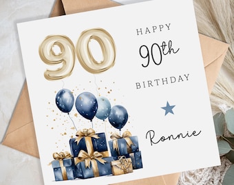 Personalised 90th Birthday Card for Him - Blue 90th birthday card for brother, nephew, friend, uncle, dad, grandad - 90th Birthday Gift