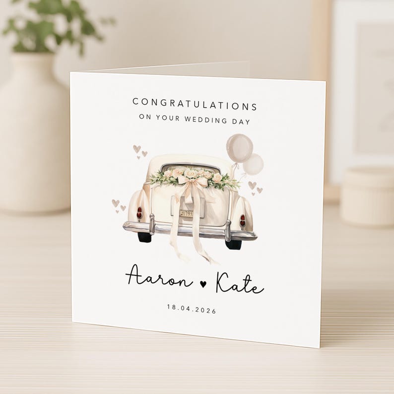 Personalised Wedding Card - Classic Wedding Car - Just Married - Wedding Gift image 1